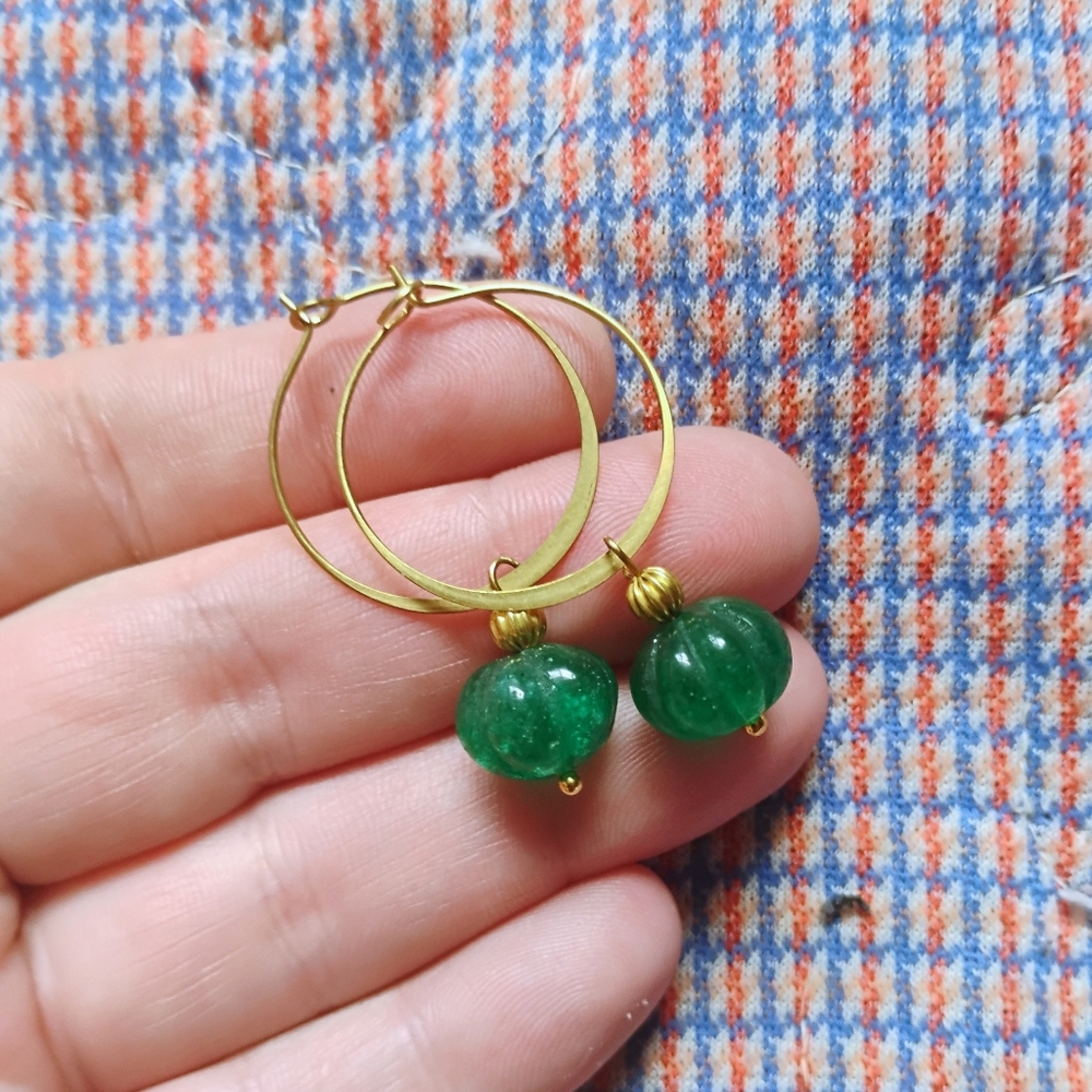 Carved Emerald Charm Hoops - Picture 2 of 5